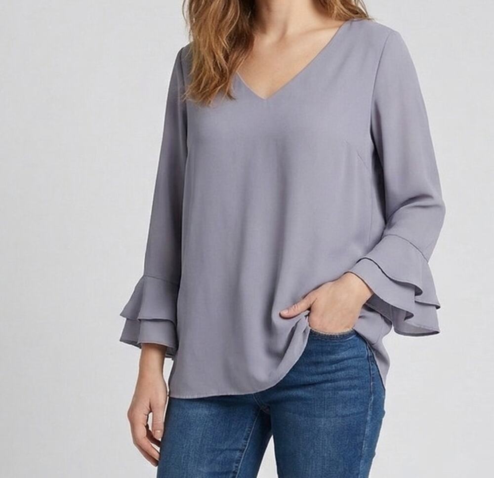 Lands' End Womens Plus Size 20W Gray 3/4 Bell Sleeve V Neck Blouse Polyester